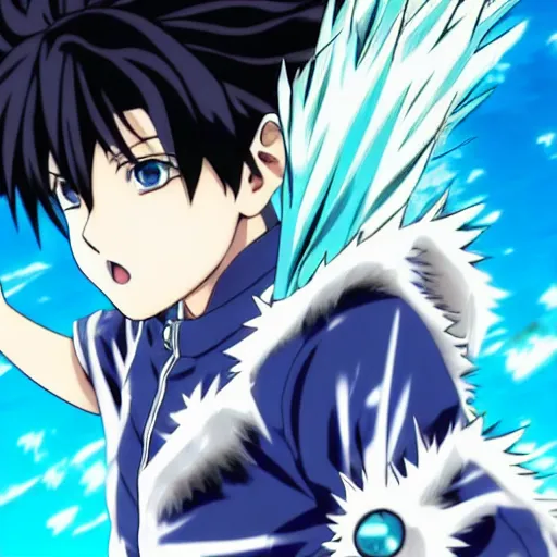 Image similar to anime key visual of a boy with blue spikey hair and water powers, highly detailed portrait, very very anime!!!, unreal engine, shonen style, by kohei horikoshi!!!!!, big eyes, detailed, by hiromu arakawa, by gege akutami, 2 d, funimation, 8 k,