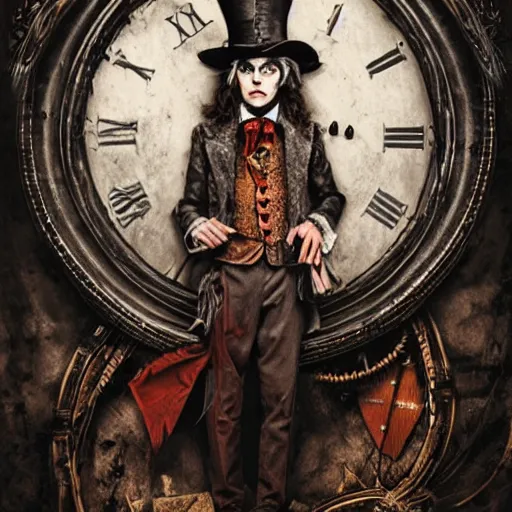 Image similar to The Mad Hatter standing in front of a twisted clock in Gothic-Steampunk style, highly detailed, artstation, intricate, gothic, steampunk, smooth, sharp focus, dark, horror, illustration, art by greg rutkowski and Yuumei, good clear quality, lighting, biology, symmetrical artwork, perfect face, 135 mm, cinematic, hyper realism, high detail, octane render, 8k, crimson highlights