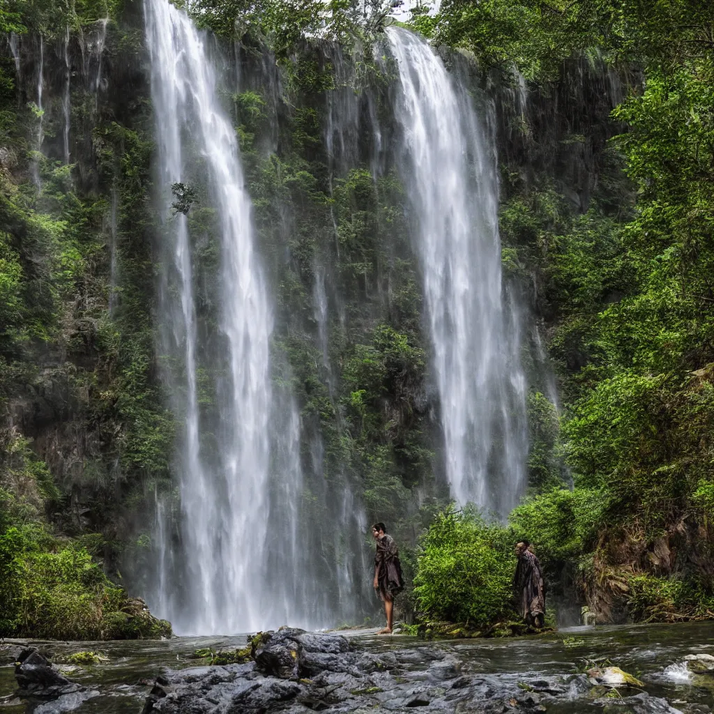 Image similar to huge towering magical waterfall, extreme drama, distant glowing figures, hdr, movie still, fully photorealistic, sharp luminescent focus, nd 6, sony fx 6, glowing luminescent invocations