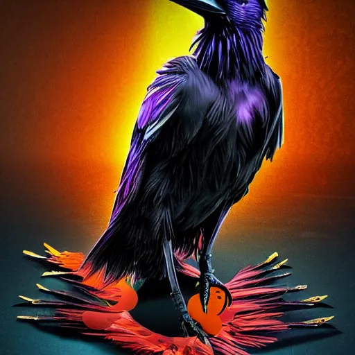 Prompt: a raven made of knives, jump kick, 4 k, ultra realistic, detailed focused, synthwave