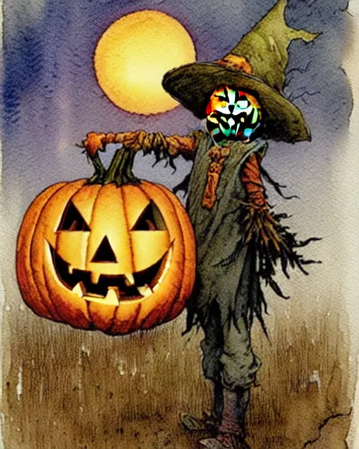 Image similar to a simple and atmospheric watercolour portrait of a scarecrow with a jack - o - lantern head holding a lantern on halloween, very muted colors, by rebecca guay, michael kaluta, charles vess and jean moebius giraud