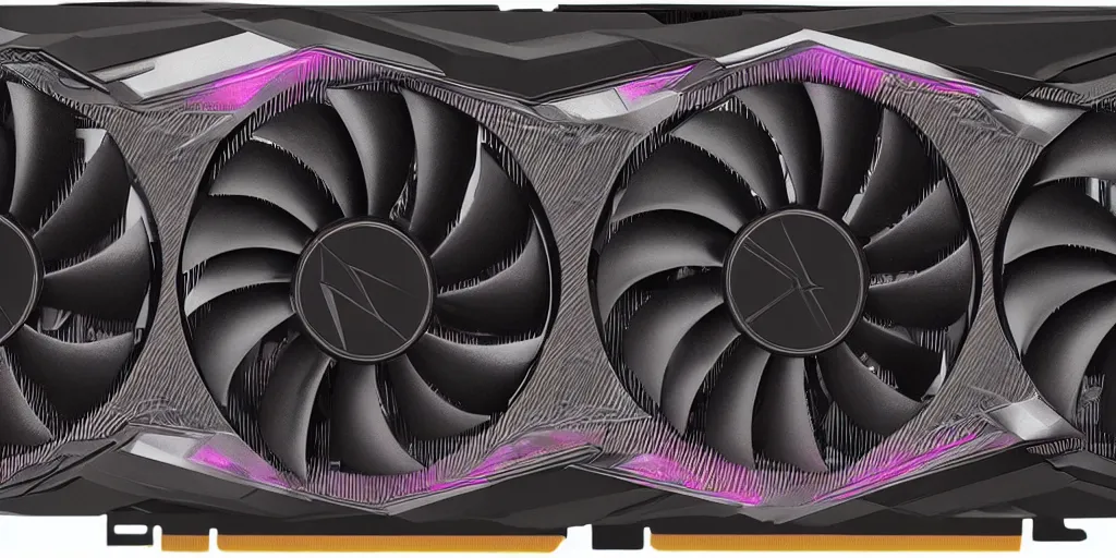 Image similar to product photo of triple wide extra long gtx rtx 4 0 9 0 nvidia gpu graphics card dramatic black background neon lighting