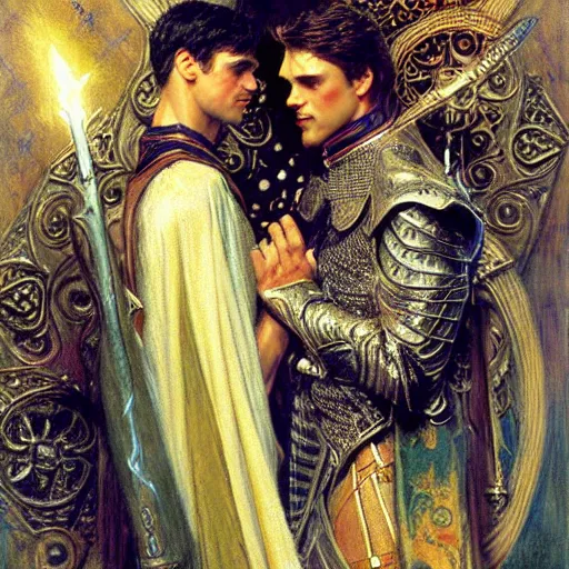 Image similar to handsome arthur pendragon in love with handsome merlin the mage. merlin is also in love with arthur. highly detailed painting by gaston bussiere, craig mullins, j. c. leyendecker