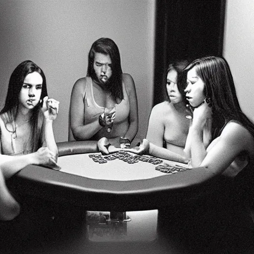 Prompt: female angels smoking pot and playing poker in a dark room, cinematic