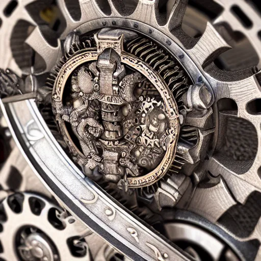 Image similar to A steampunk ornate lion made of engraved full plate armor and gears, Macro shot by Justin Gerard, unreal engine, physically based rendering