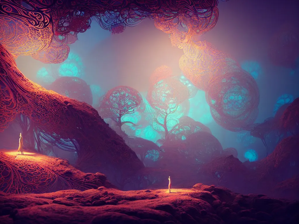 Image similar to iridescent opalescent landscape, warm tones, bioluminescent : by michal karcz, daniel merriam, victo ngai and guillermo del toro : ornate, dynamic, particulate, intricate, elegant, highly detailed, centered, artstation, smooth, sharp focus, octane render