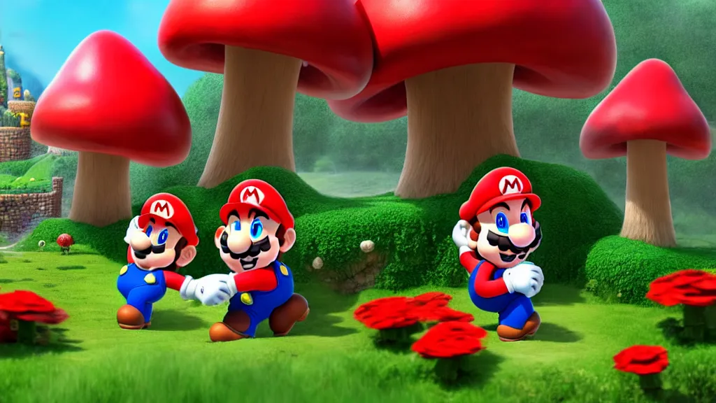 Prompt: mario stomping a goomba in the mushroom kingdom near the castle, exotic flora, giant roses, thousands of flowers, fantasy artwork, very very very beautiful scenery, hd, hdr, ue 5, ue 6, unreal engine 5, cinematic 4 k wallpaper, 8 k, ultra detailed, high resolution, artstation, award winning