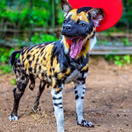 Image similar to A photo of the world's greatest showman: the african painted dog dressed in a hat!