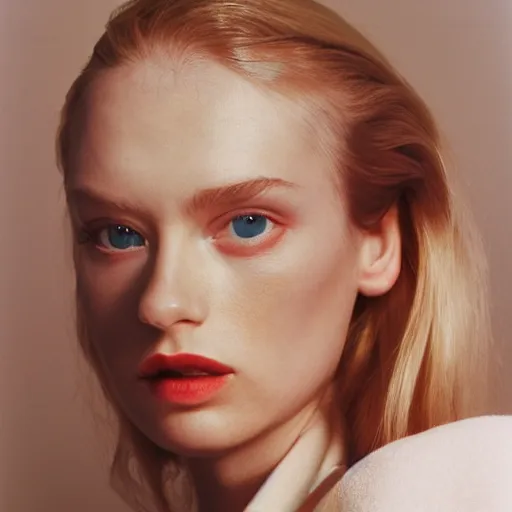 Image similar to realistic photoshooting for a new balenciaga lookbook, color film photography, portrait of a beautiful blonde woman, in style of Alexandra Leese, 35mm, film photo