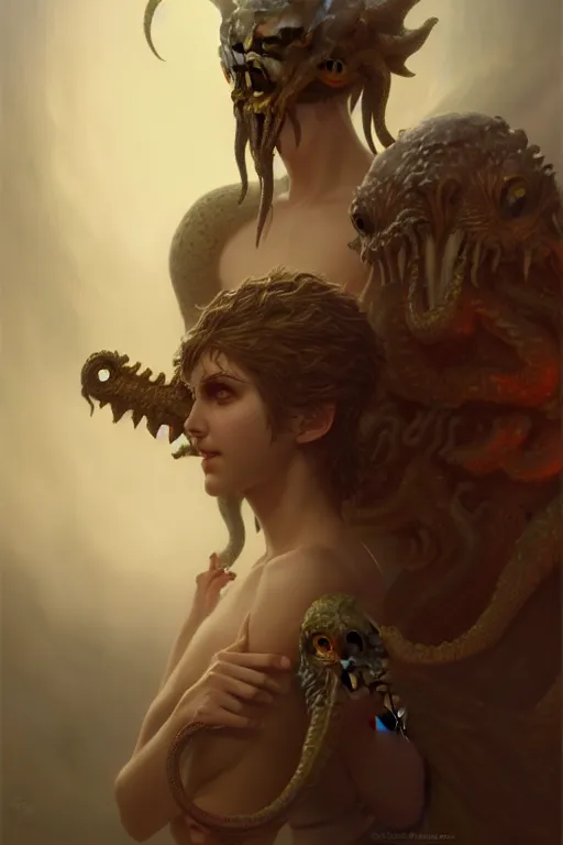 Image similar to a portrait of Astaroth and Cthulhu , white eyes, Eros, illustration, soft lighting, soft details, painting oil on canvas by Edmund Blair Leighton and Charlie Bowater octane render, HDR, trending on artstation, 4k, 8k, HD