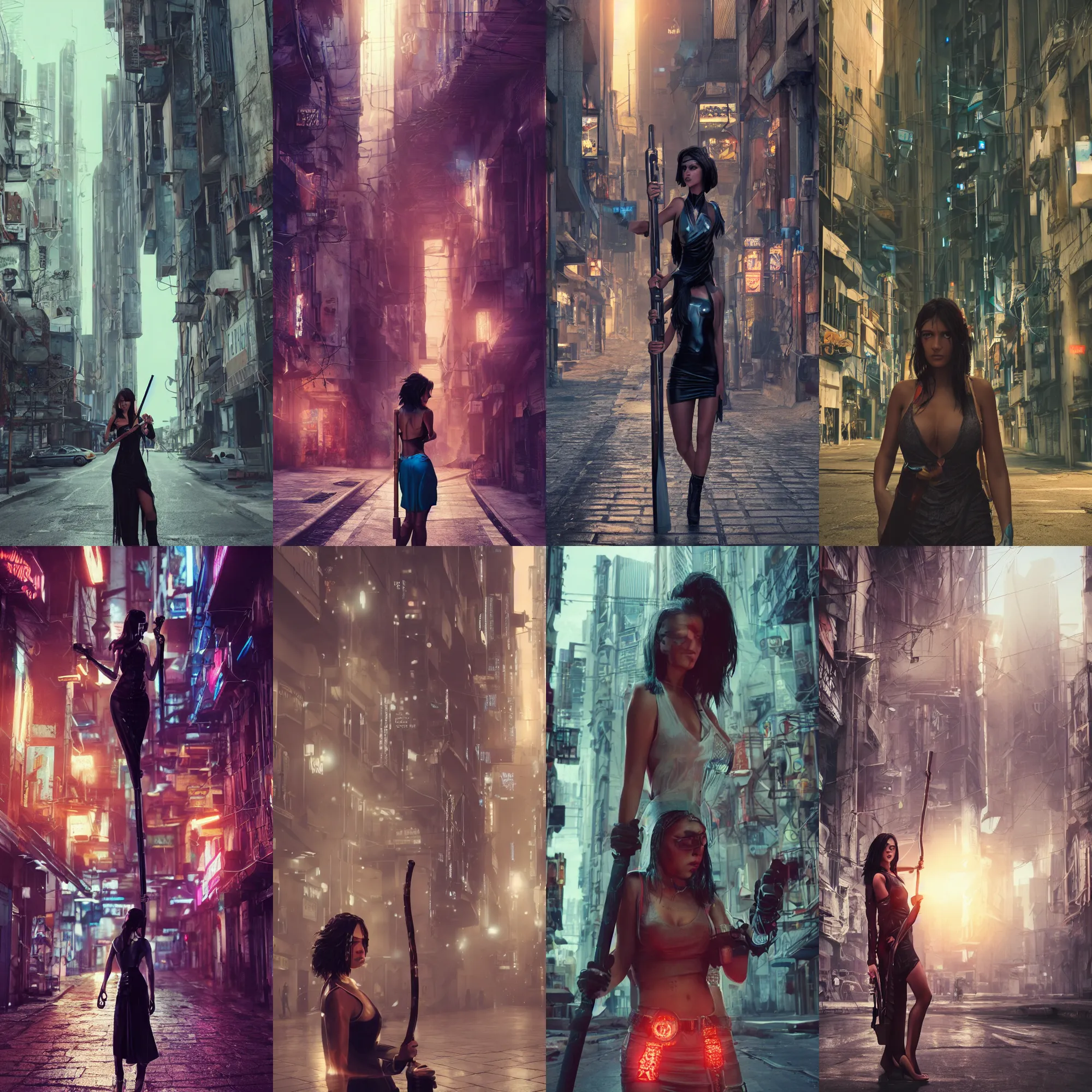 Prompt: alone gorgeous latin woman, holding a staff, cyberpunk city street, illustration, by barbucci, cinematic color grading, hyperrealism, elegant, vfx, octane render, 8 k