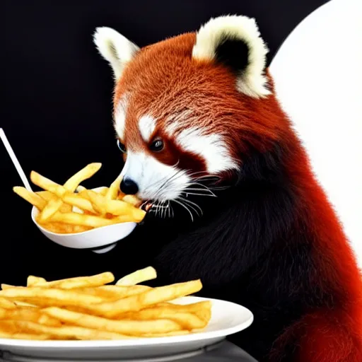 Prompt: a photo of a red panda dressed like Darth Vader eating french fries