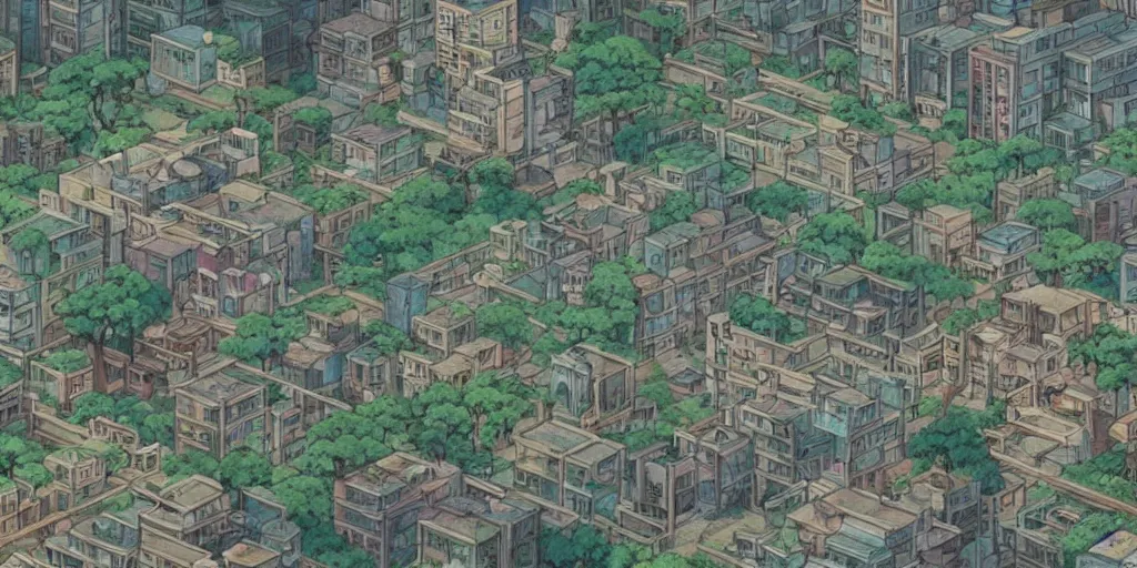 Image similar to screenshot from a studio ghibli anime movie about a forest city, kowloon walled city, ruined buildings, animals and robots