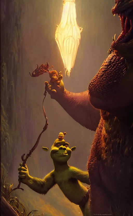 Image similar to shrek dragon gorgeous lighting by weta studio, mucha, bautista and norman rockwell and greg rutkowski and tom bagshaw and james gurney and lucasfilm