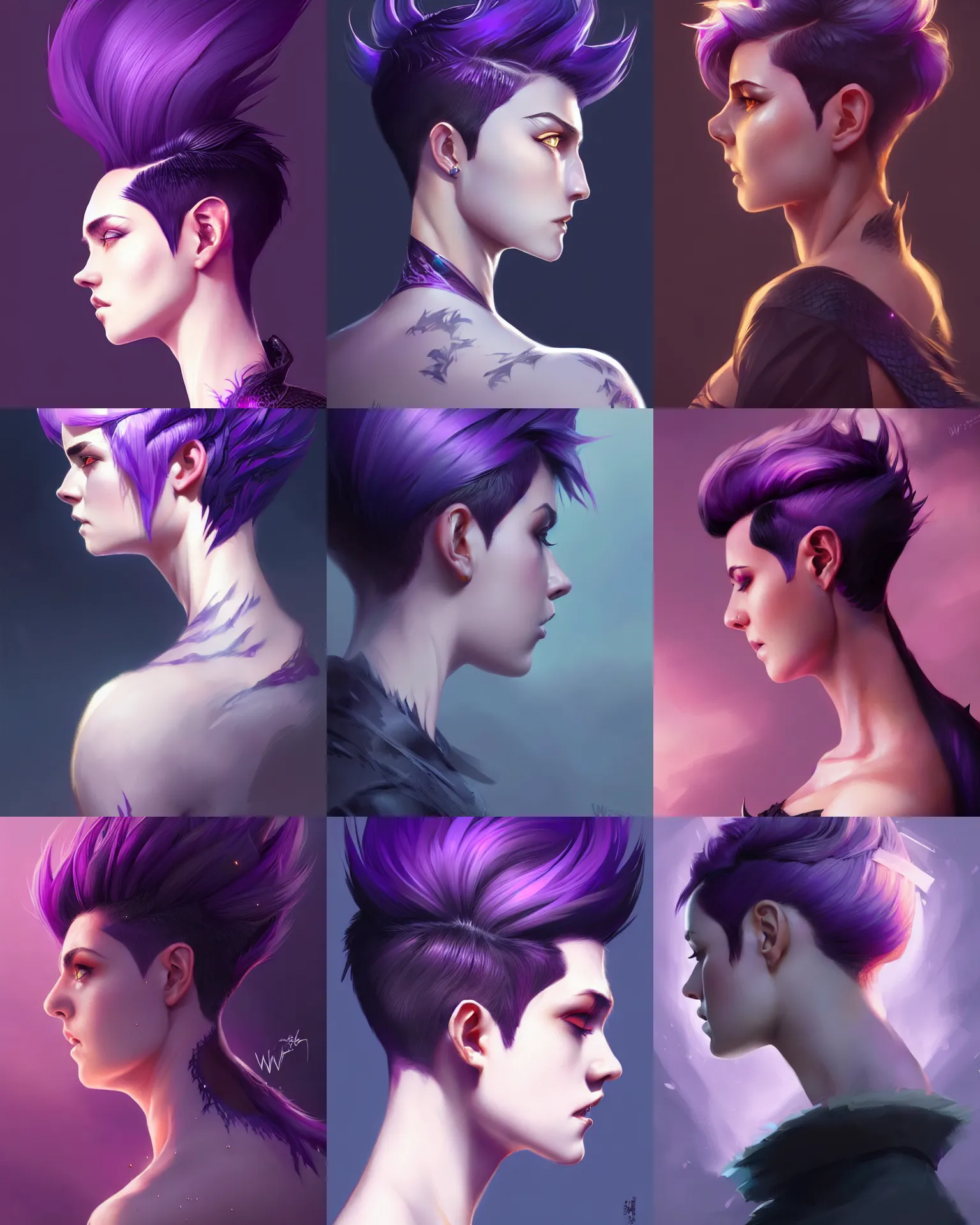 Prompt: Side Portrait of attractive magic young adult female, pixie undercut hairstyle, black to purple fade hairstyle, thick dragon scales peak through hair, rim light, digital painting, sketchy concept art, sharp focus, illustration, art by WLOP and greg rutkowski