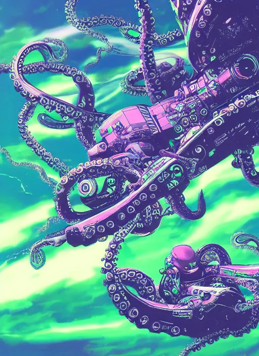 Prompt: robotic cyborg octopus in the space rocket 4 k, vaporwave style, green helmet, super detailed photorealistic, art by akihiko yoshida