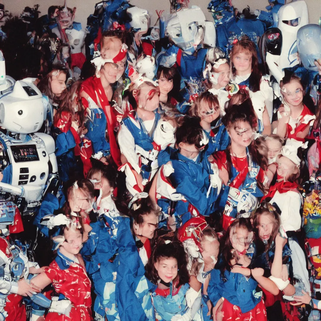 Prompt: 1990s candid photo of a middle school home coming dance portrait with robot warrior rabbits, cinematic, UHD