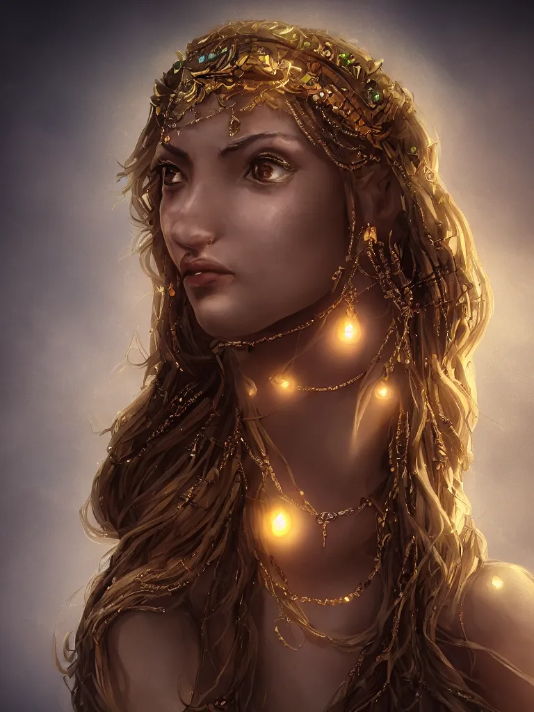 Image similar to close up portrait of a beautiful female goddess with glowing necklace, stone courtyard background fantasy atmosphere, decolletage, confident pose, coherent, insane detail, concept art, character concept, cinematic lighting, global illumination radiating a glowing aura