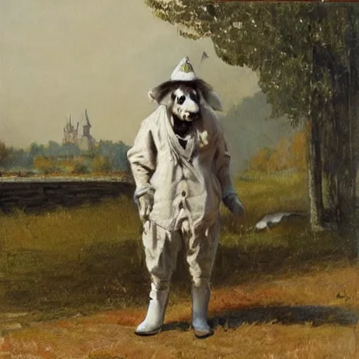 Image similar to painting by zorn, cow, dressed, anthropomorphic!!, wearing!!! clothes!!! jeans!!! standing next to royal castle!!