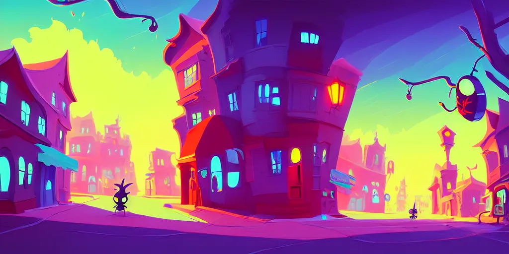 Prompt: curved perspective digital art of a summer small town street from nightmare before christmas by anton fadeev