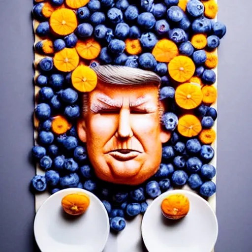 Image similar to edible donald trump made of lemon skin for hair, cake and orange pieces for the face, blueberries and whipped cream for the suit, from the beautiful'food art collection ', dslr