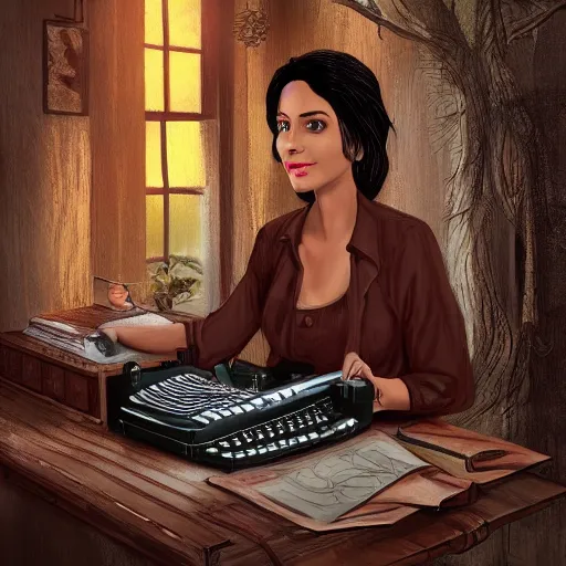 Prompt: a brown female author writing a book on a typewriter in an eerie cottage in the woods, detailed digital art, trending on artstation, realistic! 8k, anatomically correct