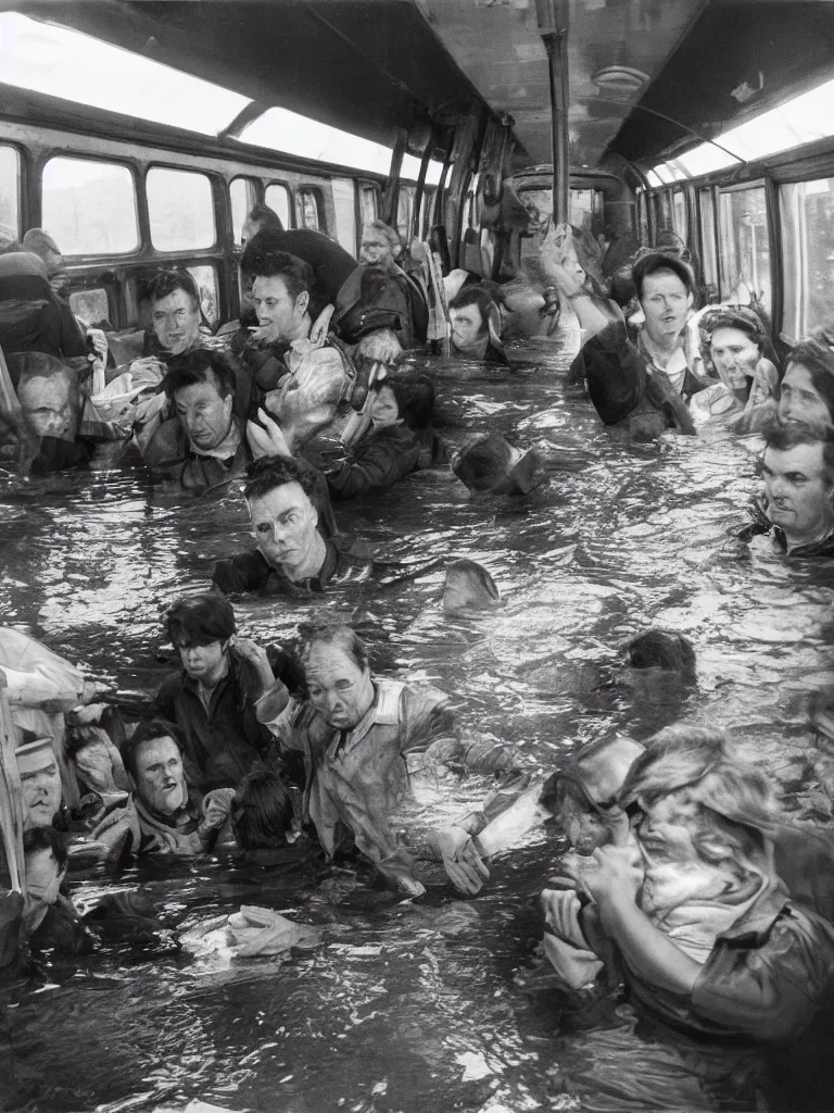 Prompt: Photo from the inside of a heavily flooded the metro wagon, in the center of the frame stands one calm man up to his chest in water and looks at the camera. Warm lighting, color photo, USSR, extremely detailed, 8k, colorful, 85mm