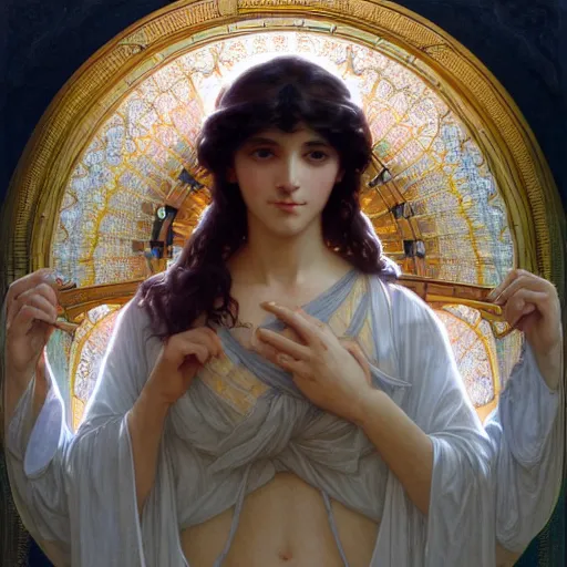 Image similar to portrait of the divine creator, intricate, elegant, highly detailed, digital painting, artstation, concept art, smooth, sharp focus, illustration, art by artgerm and greg rutkowski and alphonse mucha and william - adolphe bouguereau