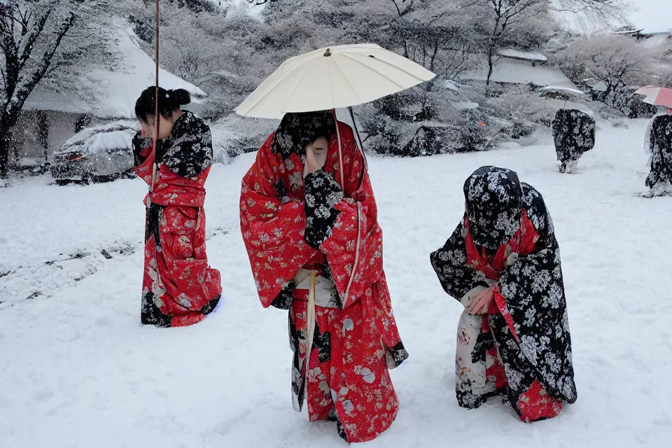 Prompt: The Japanese ronin cuddled the kimono girl who bowed her head in the middle of the night, covered with snow.