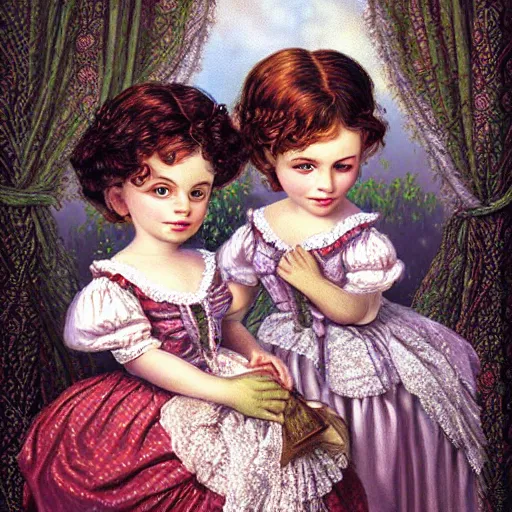 Prompt: a beautifuly intricate oil painting of a victorian children, clean cel shaded vector art, by mark ryden