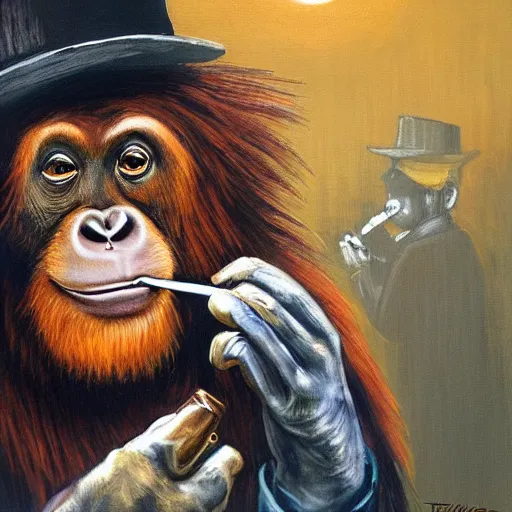 Prompt: orangutan in mafia suit with bowler hat and tommy gun smoking a cigar, dark street scene at night