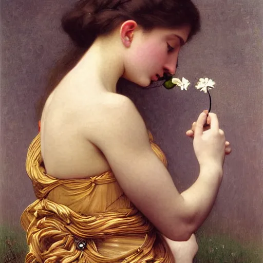 Image similar to painting portrait of a woman eating a flower, intricate, elegant, digital painting, smooth, sharp focus, shiny gold, realistic gold, realistic metal, by William-Adolphe Bouguereau and Gustav Klimt,