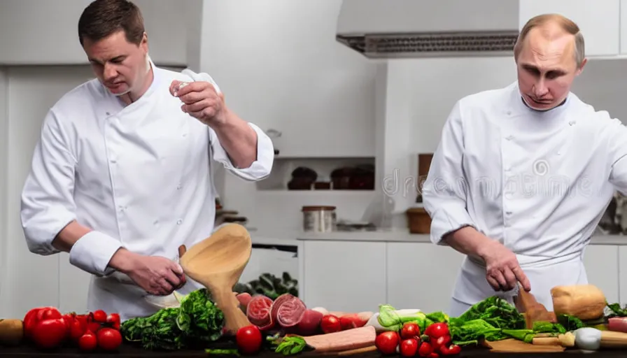 Image similar to vladimir putin in white apron in kitchen cooking dinner. stock photo, high key lighting, photograph