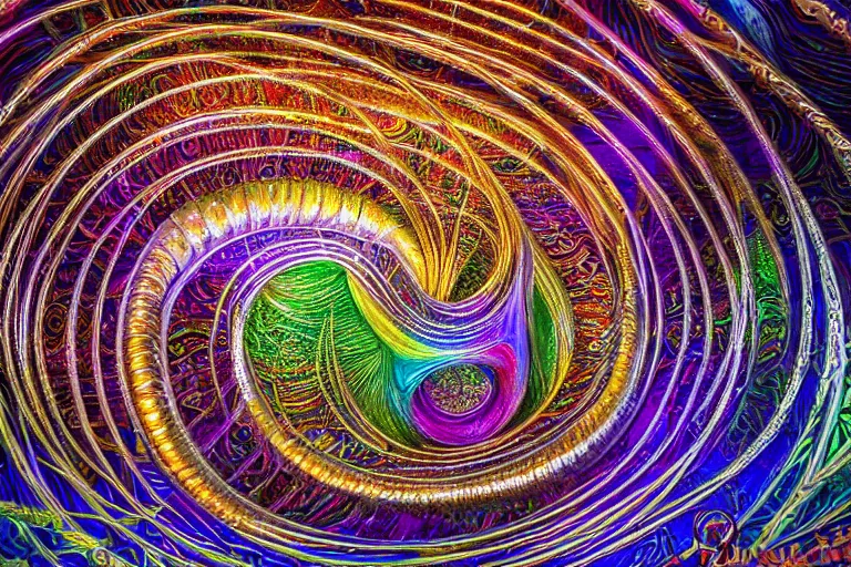 Image similar to intricate ornate twisting whirling rippling filigreed hive maze labyrinth of shiny convoluted crystal and rainbows, award winning art, epic dreamlike fantasy landscape, art print, science fiction, ultra realistic,