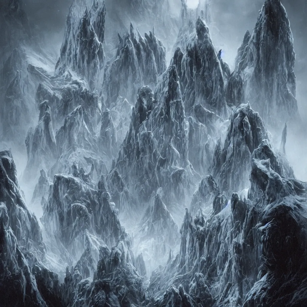 Image similar to haunted mountains of madness in antarctica surrounding an great monolithic city of insane alien towers and blasphemous megastructures, upward cinematic angle, by rodney matthews, michael kaluta, giger, p. craig russell and bill sienkiewicz, ghostly atmosphere, thick lush winter aesthetics, stunning composition, alien creature faces, monstrous animal gods, intricate, strange, elegant, digital art, hyperdetailed, colorful hyperrealism, brilliant photorealism, horror, masterpiece, 4k