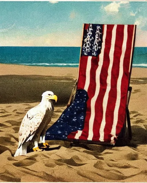 Image similar to postcard showing 'a cool bald eagle perched on a beach chair with shades and a beer bottle' laying in the sand, advertisement, american flag