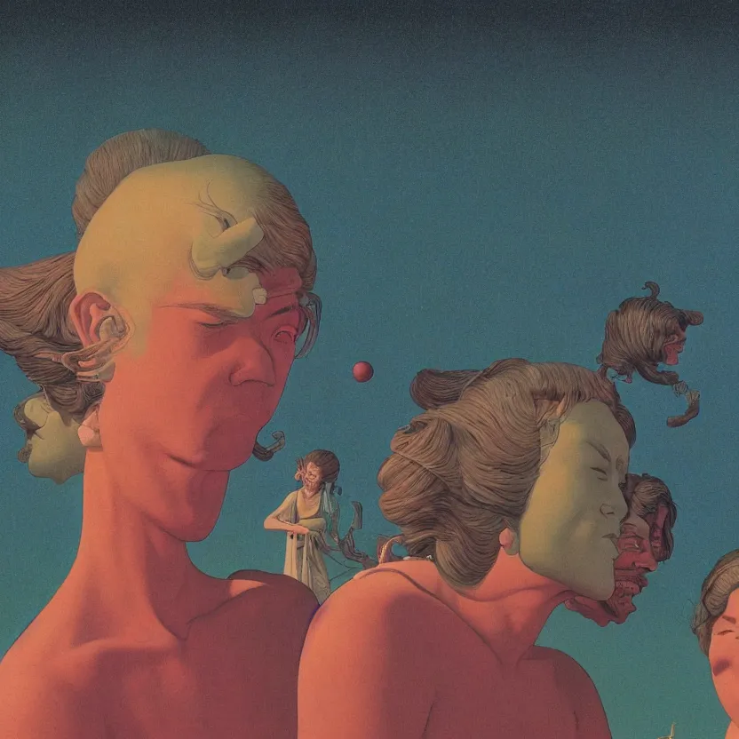 Image similar to close up portrait of a man and woman having fun with lsd and magic mushrooms by kawase hasui, moebius, Edward Hopper and James Gilleard, Zdzislaw Beksinski, Steven Outram, 8k, volumetric lighting, artstation