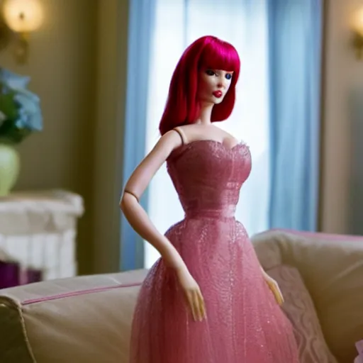 Image similar to amazing beautiful Christina Hendricks barbie doll in the living room, film still from the movie directed by Denis Villeneuve , wide lens