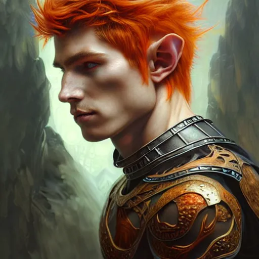 Prompt: portrait painting of an elven male teen with short light orange hair and tribal tattoos on his face wearing fur armor, ultra realistic, concept art, intricate details, eerie, highly detailed, photorealistic, octane render, 8 k, unreal engine. art by artgerm and charlie bowater and magali villeneuve and alphonse mucha