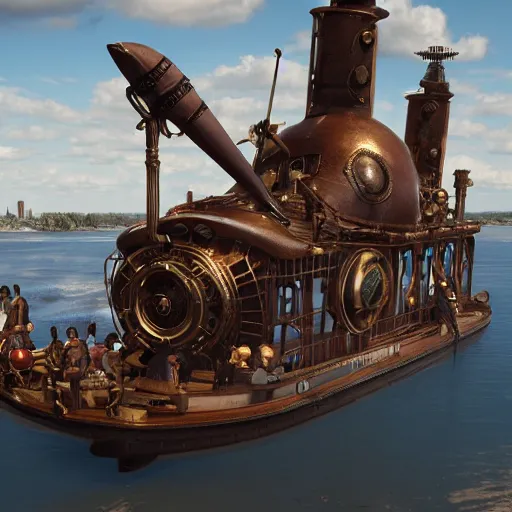 Image similar to a flying steampunk, steamboat from the 1 9 0 0 s with african mask on the front carrying black people across the mississippi river, bioshock infinite, detailed, behrens style, unreal 5 render, fantasy digital art, octane render, beautiful composition, trending on artstation