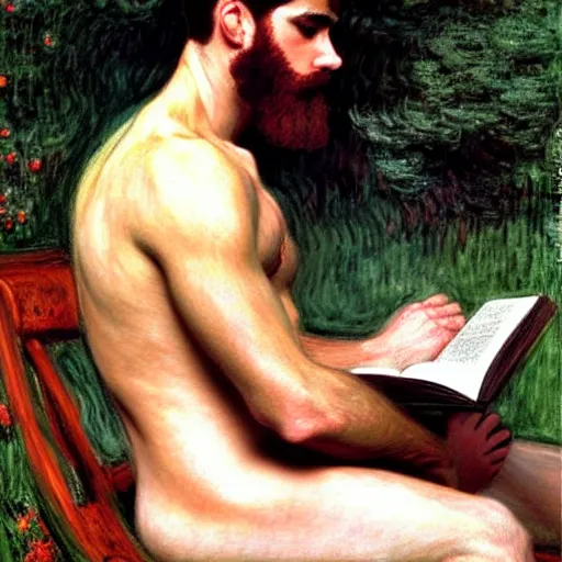 Image similar to attractive man with dark skin reading a book, painting by tom of finland, john william waterhouse, claude monet