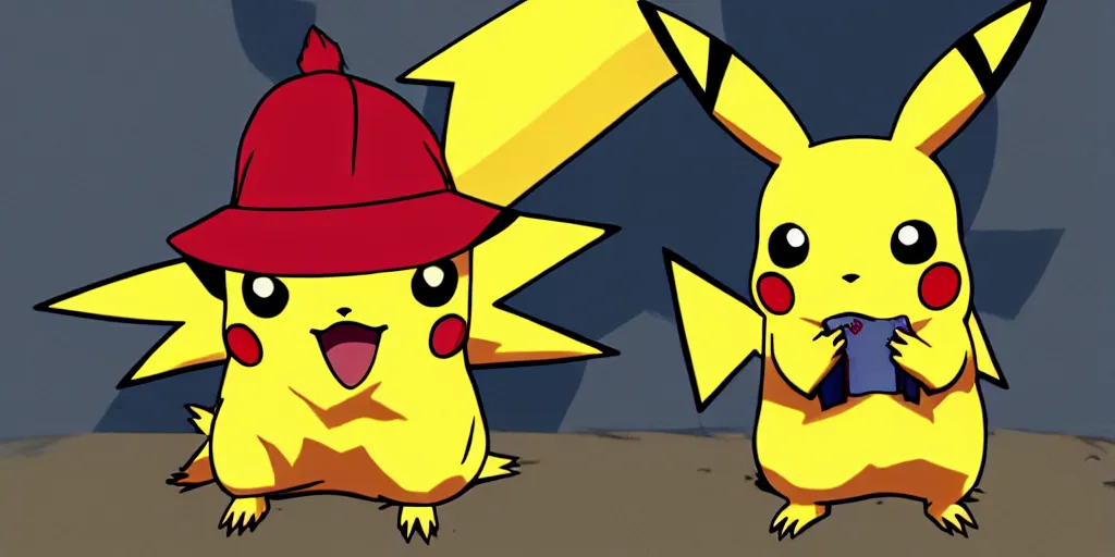 Image similar to pikachu devouring a dog, sharp teeth burtal eyes scary mouth dark room red candles trash bin