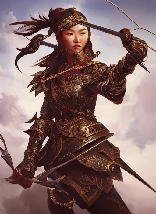 Image similar to a highly detailed illustration of fierce mongol warrior woman with bow, heroic shooting bow pose, intricate, elegant, highly detailed, centered, digital painting, artstation, concept art, smooth, sharp focus, league of legends concept art, wlop.