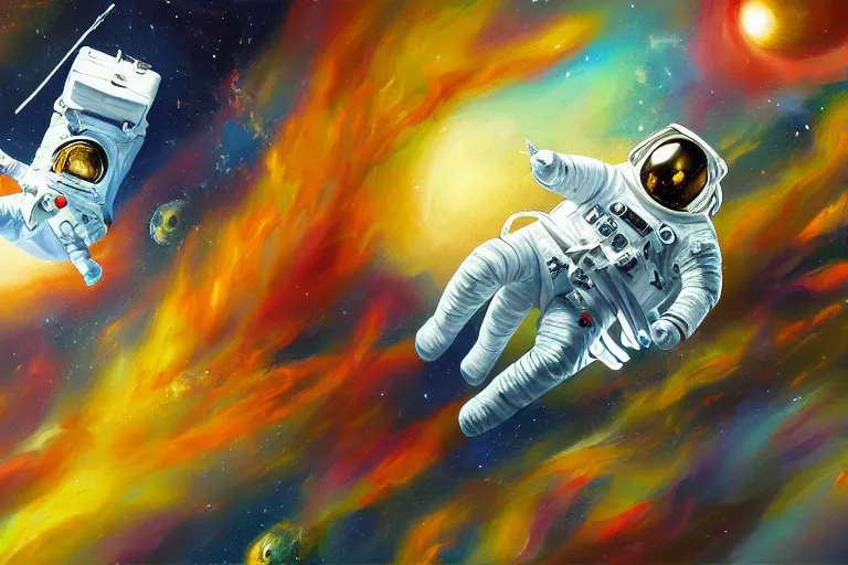 Image similar to A Detailed Painting of An Astronaut Floating In Space, Bright Colors, In The Style Of An oil Painting, Trending on cgsociety