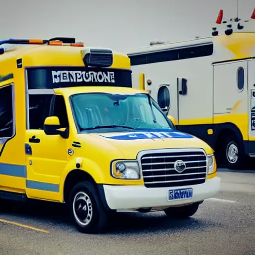 Image similar to minion themed ambulance, professional photography