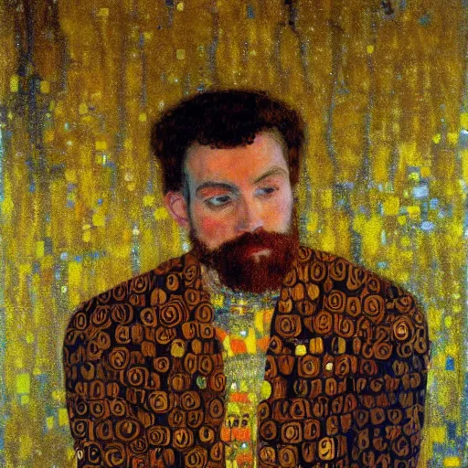 Prompt: a beautiful man in an office chair in the style of gustav klimt golden light