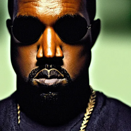 Image similar to a cinematic film still of Kanye West starring in The Matrix, portrait, 40mm lens, shallow depth of field, close up, split lighting, cinematic