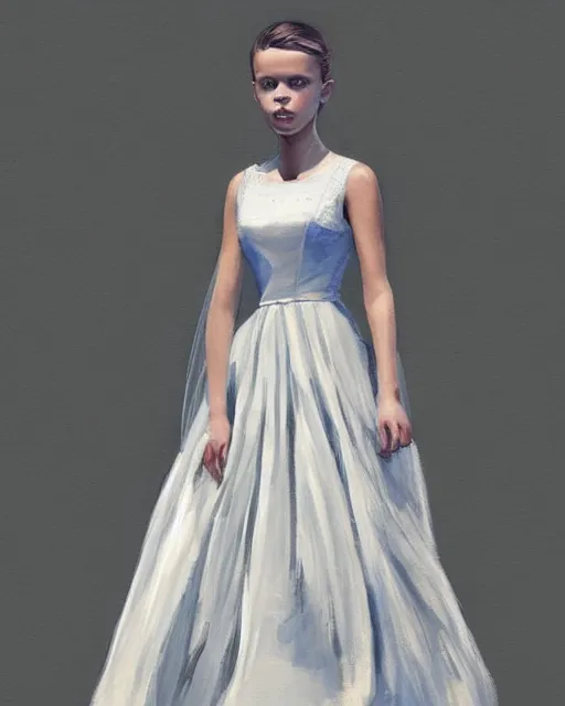 Image similar to a painting of a girl resembling alicia vikander or millie bobby brown in a wedding dress, highly detailed, artstation, concept art, by thomas canty