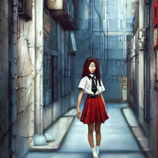 Image similar to a perfect, realistic professional acryl painting of a Japanese schoolgirl posing in a dystopian alleyway, style of Marvel, full length, by a professional American senior artist on ArtStation, a high-quality hollywood-style concept