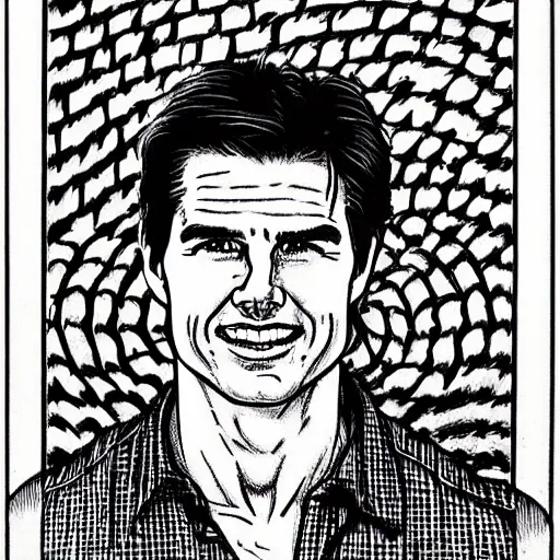 Image similar to a portrait drawing of Tom Cruise drawn by Robert Crumb